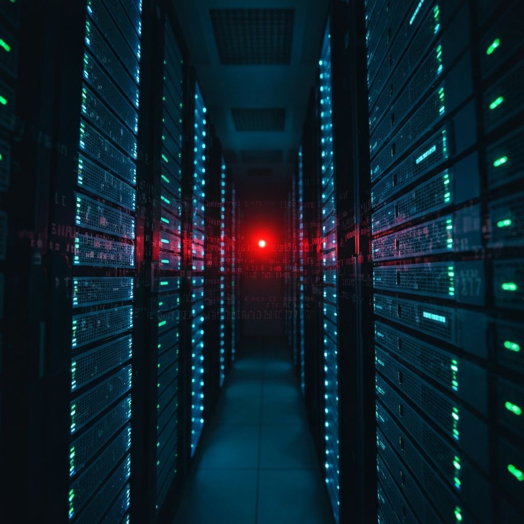 Server room representing critical digital infrastructure vulnerable to ransomware